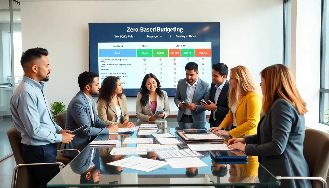 diverse professionals collaborating on budgeting activities in a modern office